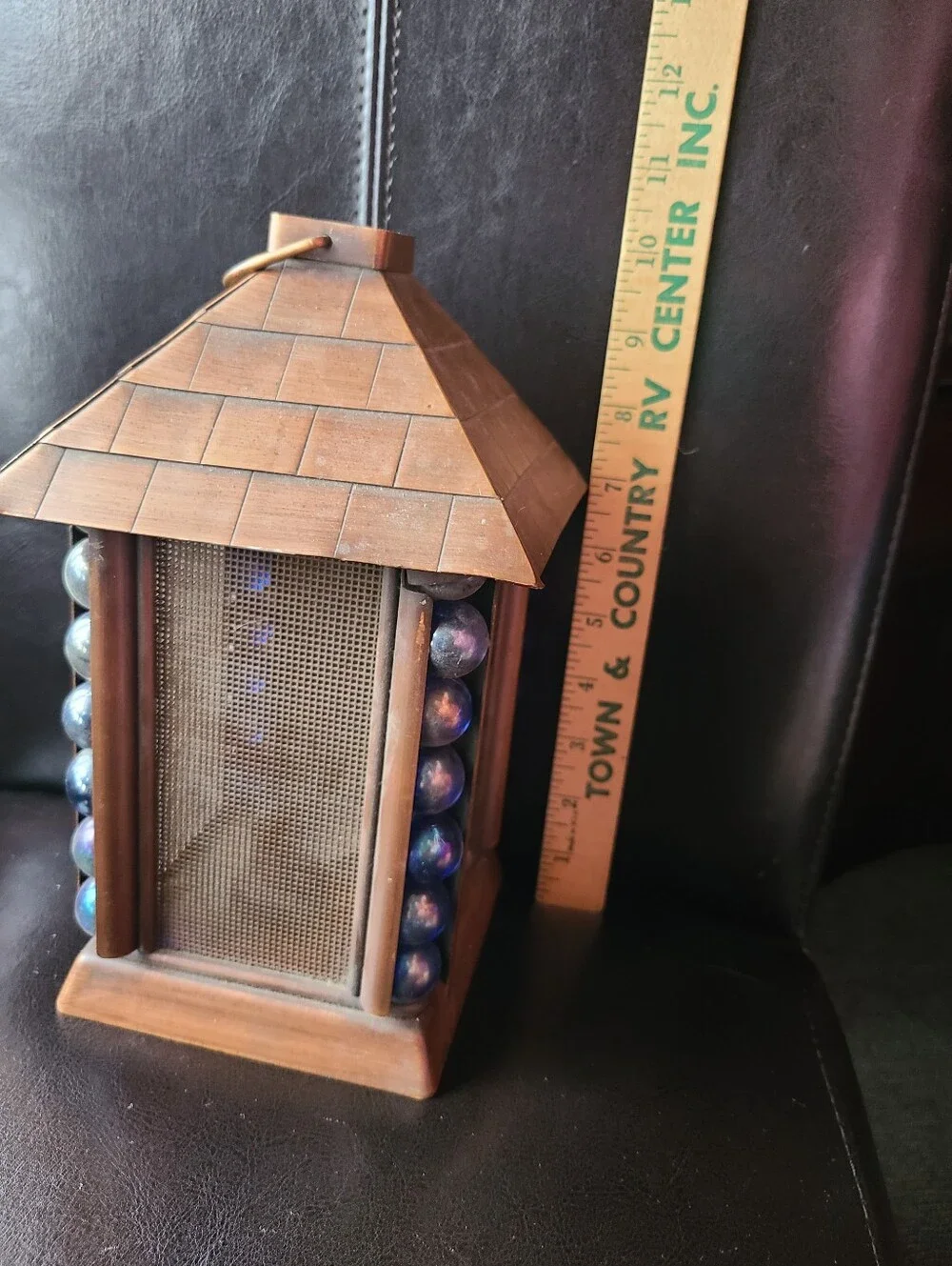 Rustic Copper Brown Lantern with Blue Glass Accents